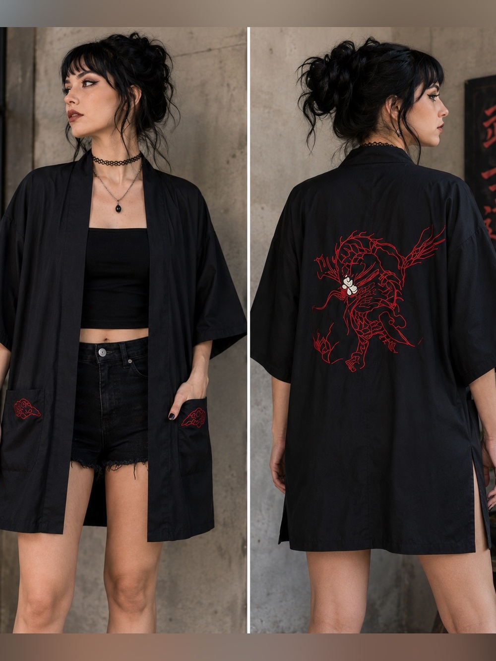 Black Dragon Embroidered Kimono Duster Robe Red Dragon Festival Streetwear L